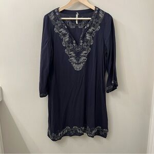 MONORENO Women’s Embroidered Boho Navy Blue Shift Dress